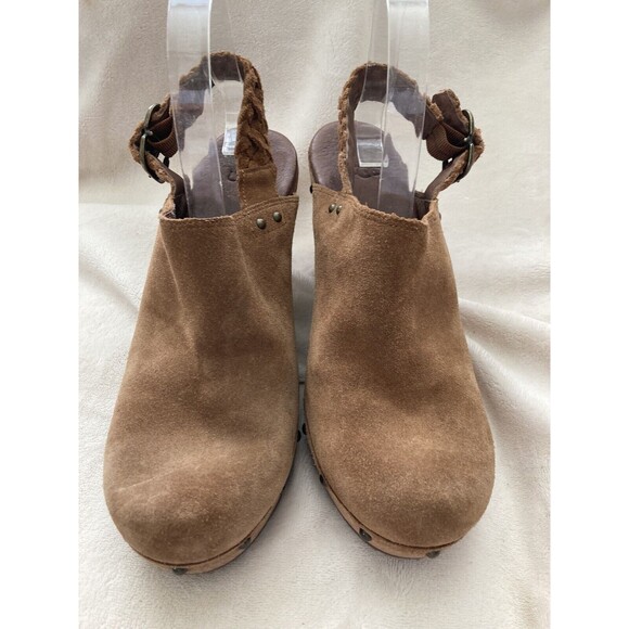 UGG Dafni Suede Clog Braided Strap Shearling Wood Heel 10 - Picture 2 of 14